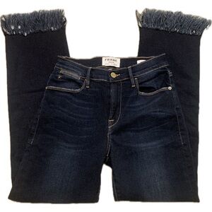 Frame Denim Le High Straight Fray Hem Jeans Ankle Crop Dark Wash Pine Knoll 25